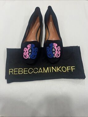 Rebecca Minkoff Black Suede Loafers with Pink & Blue Embroidery